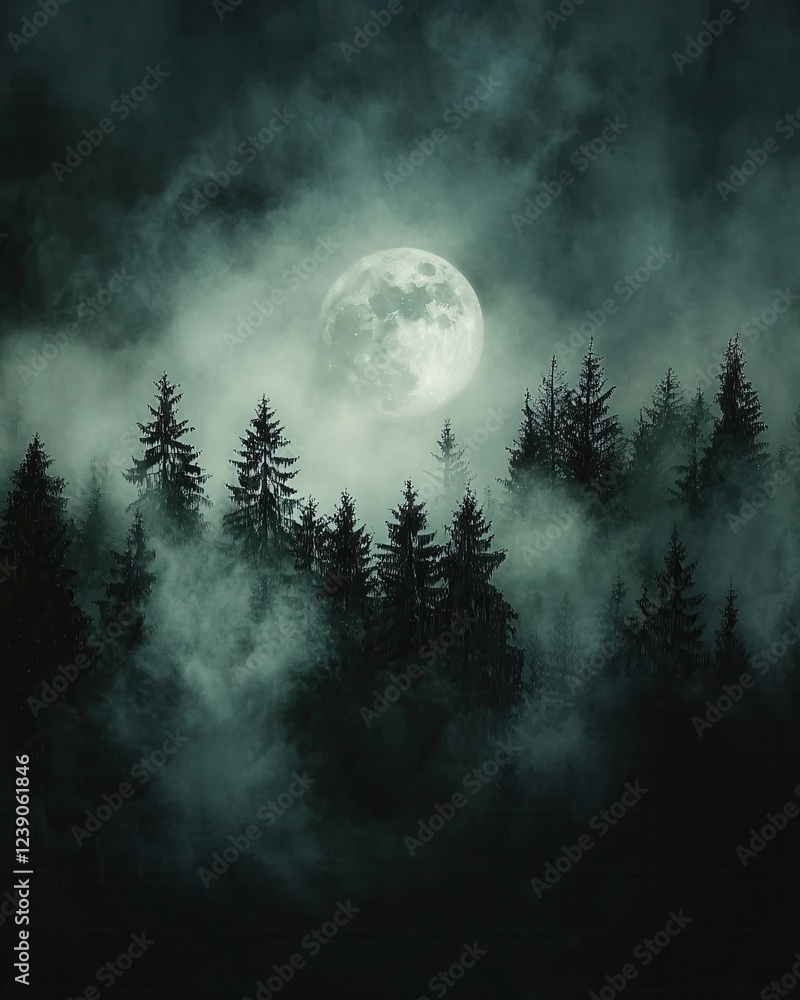 Poster full moon above dark forest with fog and mist creating a mysterious and moody atmosphere