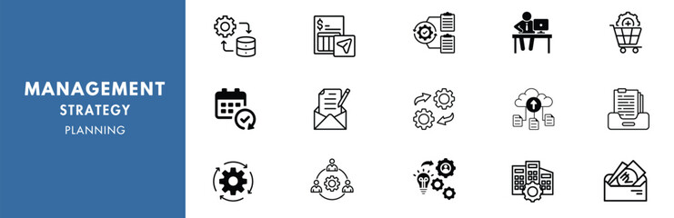 MANAGEMENT, STRATEGY, and PLANNING Outline Icon Collection. Thin Line Set contains such Icons as Vision, Mission, Values, Human Resources, Experience, and more. Simple web icons set.