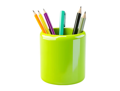 Lime green cylindrical pencil holder with colorful pencils and pens neatly arranged isolated on transparent background, PNG, cut out