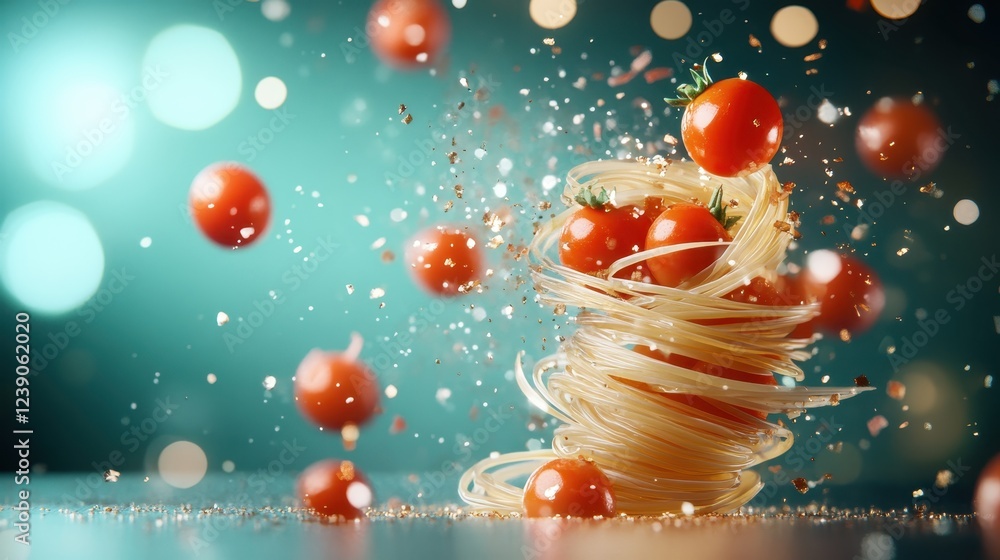 Poster this captivating image features fresh cherry tomatoes swirling around a spiral of spaghetti, creatin