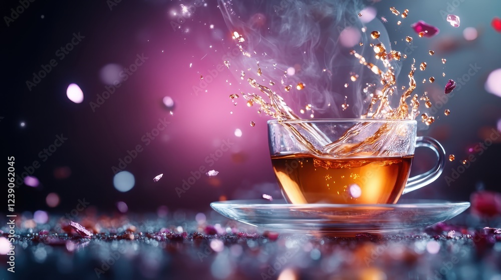 Poster a stunning image of a clear glass filled with tea, with droplets and steam creating a mesmerizing sp
