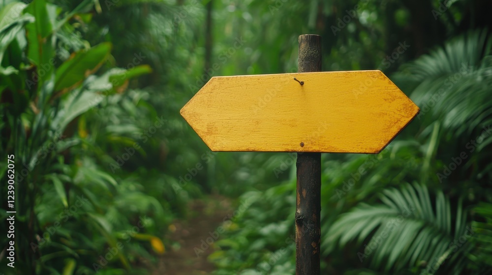 Poster a weathered yellow sign points the way through a lush green jungle, surrounded by dense foliage and 