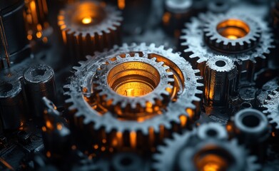 Hyper-realistic 3D Rendering of Intricate Gears in Soft Diffused Lighting with Metallic Textures and Ethereal Glow