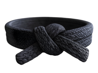 Black karate belt tied in a traditional knot isolated on transparent background, PNG, cut out