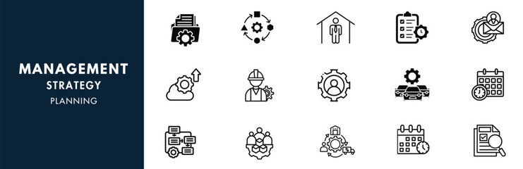 MANAGEMENT, STRATEGY, and PLANNING Outline Icon Collection. Thin Line Set contains such Icons as Vision, Mission, Values, Human Resources, Experience, and more. Simple web icons set.