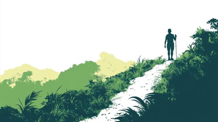 Hiker on Trail in Lush Green Landscape with Mountains in Background