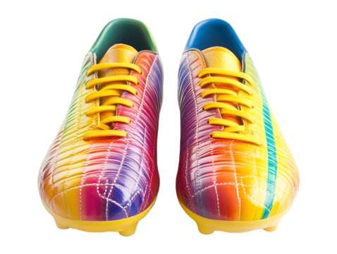 Rainbow soccer cleats, a vibrant pair of soccer cleats with a rainbow design, isolated on transparent background, PNG, cut out