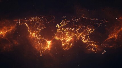 Glowing world map on fiery cosmic background.
