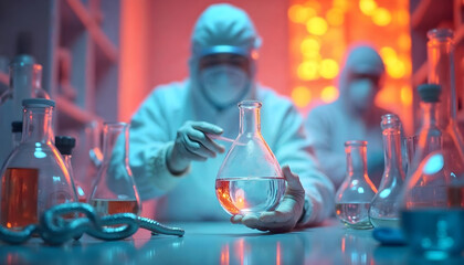 Lab techs or scientists in protective clothing or coveralls are working in chemical laboratories.
