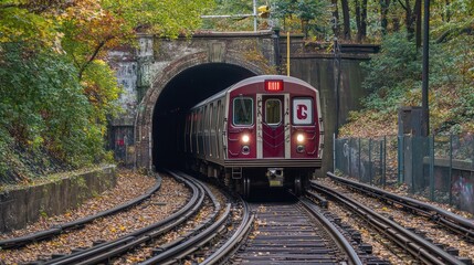 Obraz premium Subway Train Exiting Tunnel Autumn Landscape