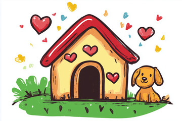 Fototapeta premium Cute dog house with hearts and cartoon puppy in vibrant garden illustration