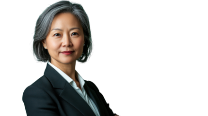Confident senior businesswoman smiling with folded arms on transparent background