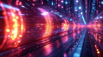 A futuristic digital landscape featuring glowing orange and blue elements.