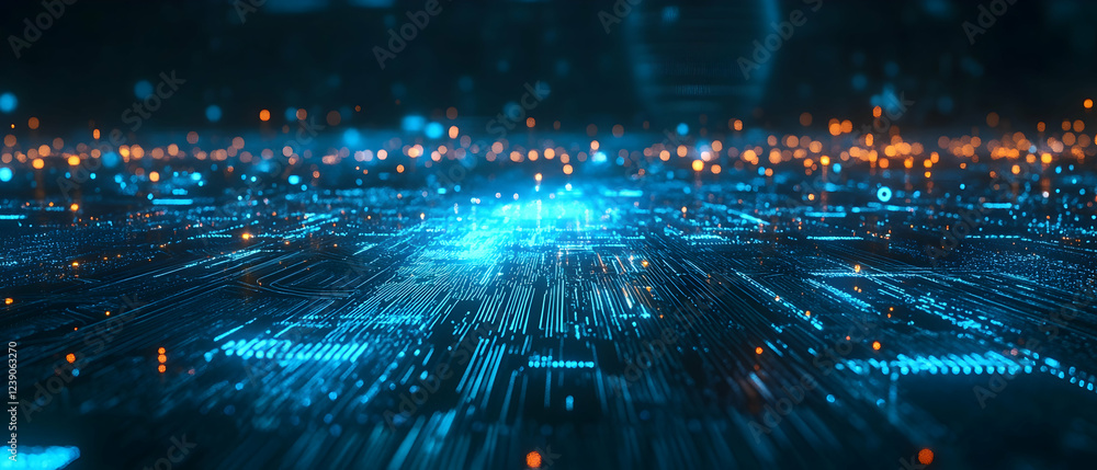 Poster blue vector background with digital technology and circuit board elements for web design or graphic 