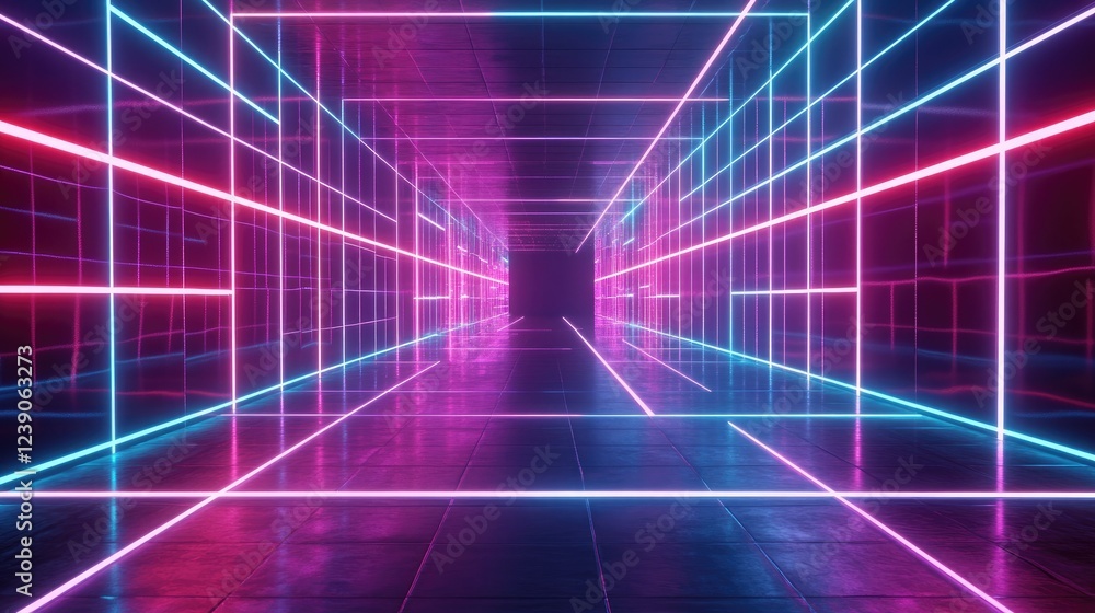 Poster cryptocurrency and blockchain concept featuring a digital network grid and bright neon lights.