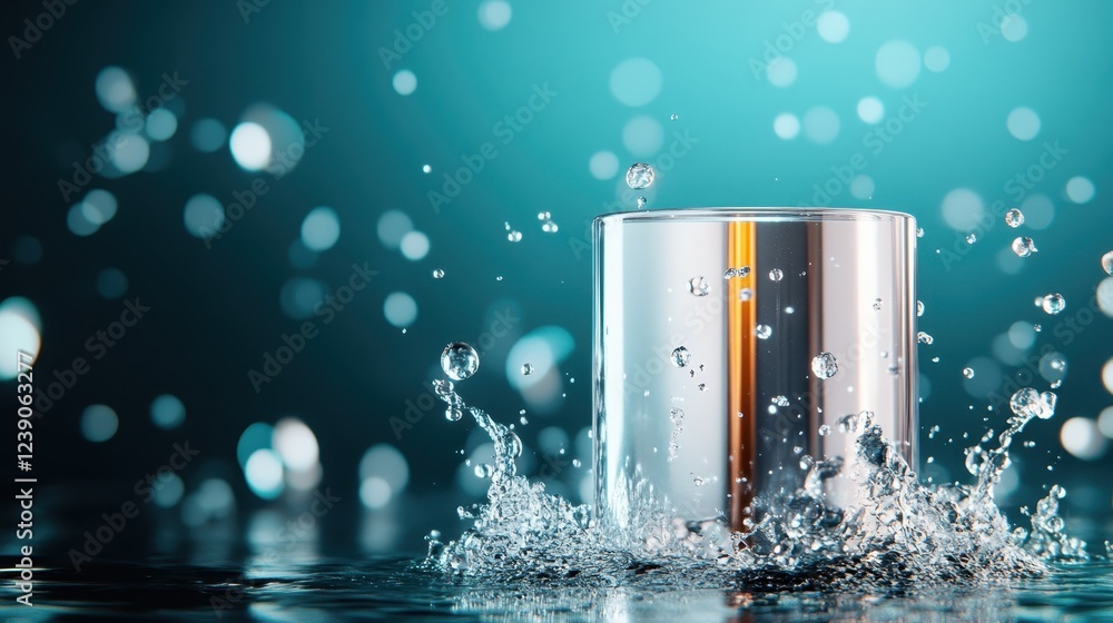 Poster this captivating image captures a clear glass filled with water, creating a dynamic splash effect am