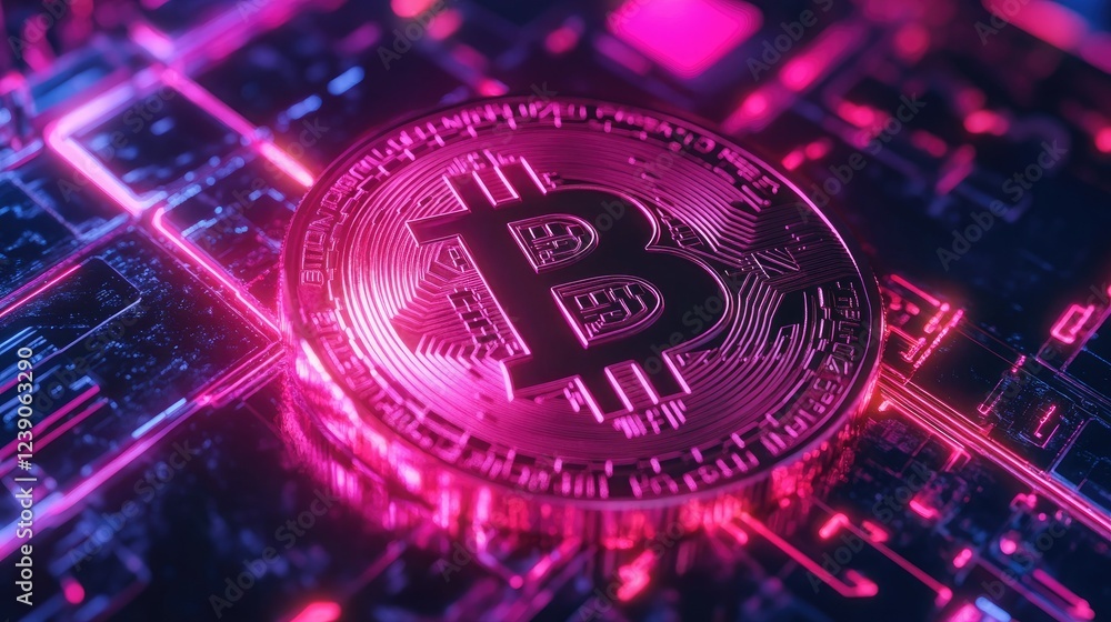 Poster cryptocurrency and blockchain concept featuring a digital network grid and bright neon lights.