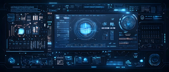 Blue vector background with digital technology and circuit board elements for web design or graphic presentation
