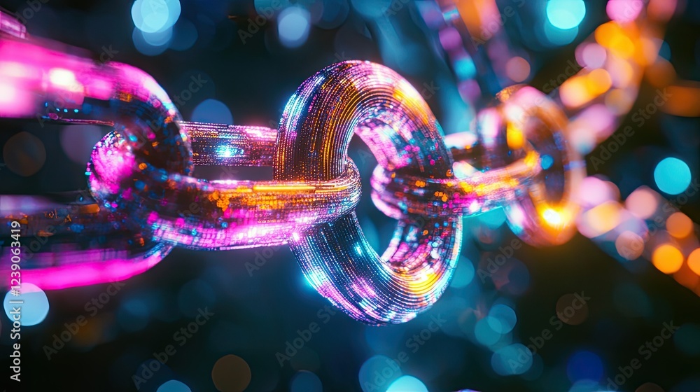 Poster cryptocurrency visualization with blockchain links and neon data grids, symbolizing secure digital t