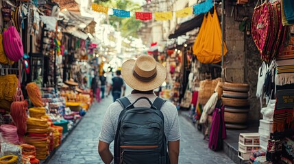 Fototapeta premium Curious traveler strolling through a bustling market street in Mexico, admiring the cultural vibrancy.