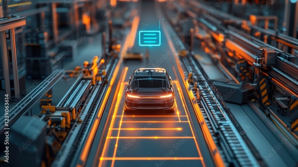 Poster automated assembly line efficiently producing cars in modern factory, showcasing innovative manufact
