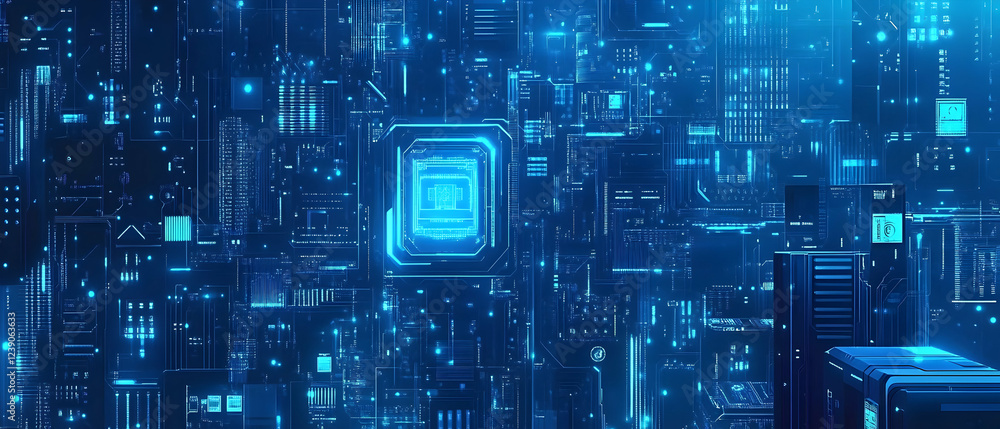 Poster blue vector background with digital technology and circuit board elements for web design or graphic 