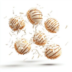Coconut macaroons floating in the air with shredded coconut flakes and white chocolate drizzles on a white background