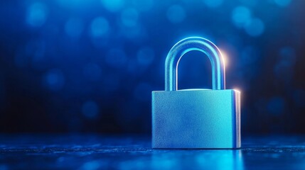 Sleek Blue Padlock Illuminated - Security, protection, privacy, safety, and confidentiality symbolized by a sleek blue padlock softly illuminated against a dark blue bokeh background.