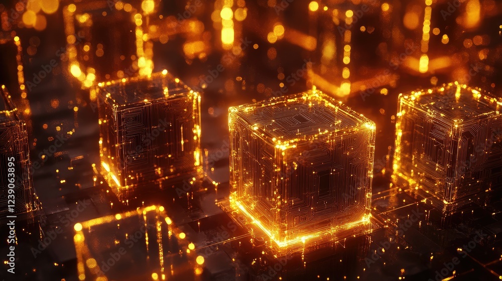 Poster digital blockchain network design with glowing connections, representing cryptocurrency technology i