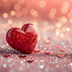 Fototapeta premium A poignant scene of a broken heart resting on a snowy ground, surrounded by a serene winter landscape. Soft snowflakes gently fall, and the icy white background contrasts with the deep red of the hear