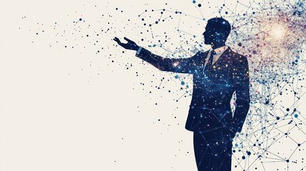 Businessman silhouette dissolving into network connections, representing digital transformation and innovation.