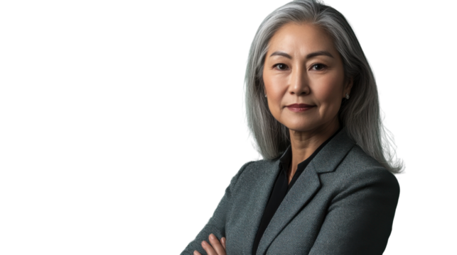 Confident senior businesswoman with folded arms on transparent background