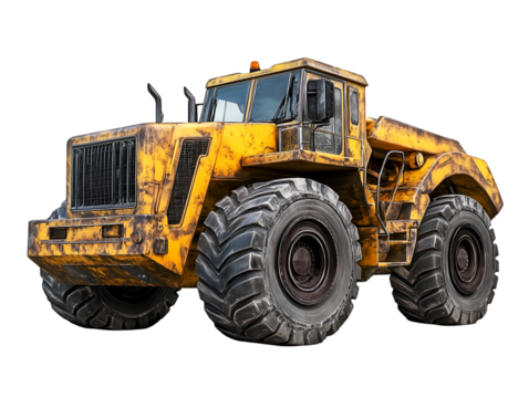 Rusty yellow heavy duty tractor isolated on transparent background, PNG, cut out