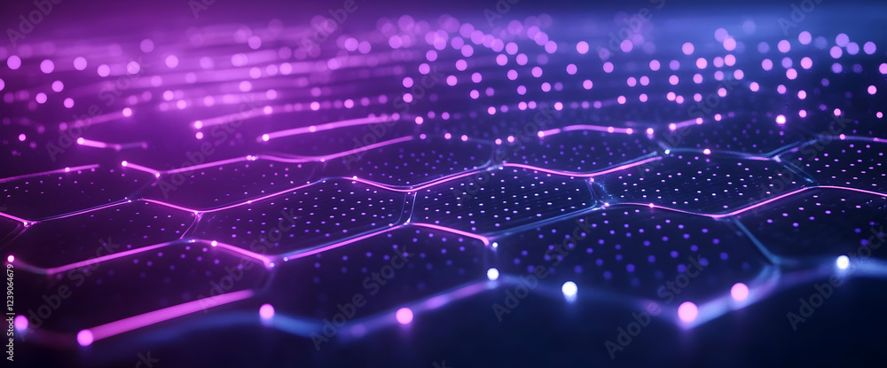 Poster blue and purple background with a hexagon pattern and glowing connection dots