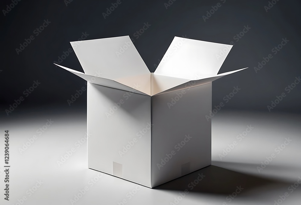 Poster a white box open displaying an empty interior space