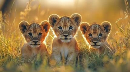 Obraz premium Three adorable lion cubs sit together in golden grass, illuminated by soft sunlight, showcasing their playful and curious nature.