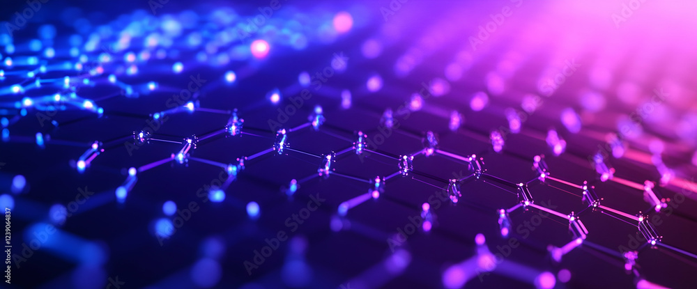 Poster blue and purple background with a hexagon pattern and glowing connection dots