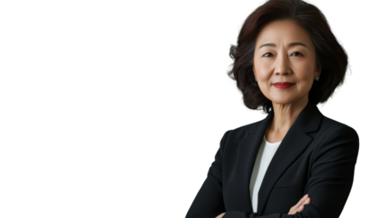 Confident senior businesswoman with folded arms on transparent background