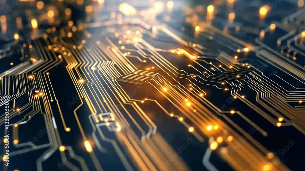 Poster exploring intricate patterns of a circuit board illuminated with glowing connections in 4k