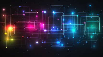 Abstract colorful network connection lines and nodes glowing in dark background.