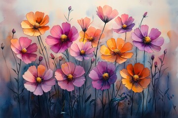 Watercolor Wildflower Bloom in Pink Orange Purple Morning Light Illustration