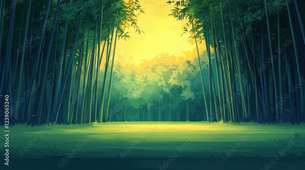 Poster a serene bamboo forest bathed in warm yellow light, creating a peaceful and enchanting atmosphere.