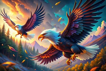 Fototapeta premium Majestic Eagles in Flight: High-Resolution Stock Photo of Stylized Birds Soaring