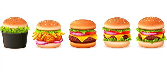 Colorful Fast Food Icons Collection Including Burgers and Fries
