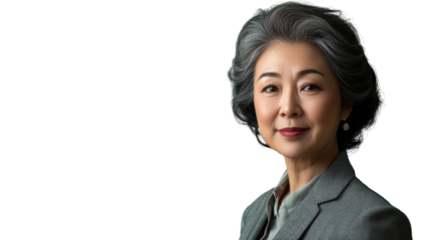 Confident senior asian businesswoman smiling on transparent background