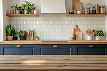 Modern kitchen interior. Wooden table or countertop with space for product display, blurred home or restaurant kitchen with stove and sink front view