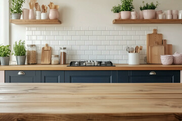 Minimal kitchen interior front view. Wooden table top with blurred modern home room background, perspective mockup front view