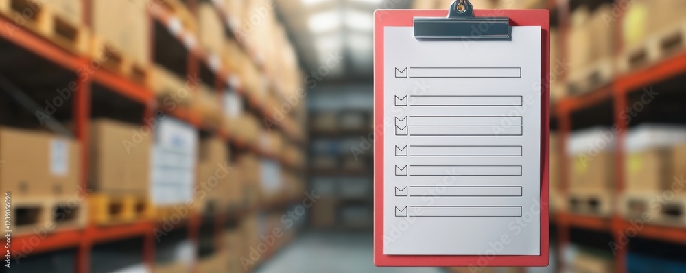 Poster a clipboard with a blank checklist is displayed in a warehouse, surrounded by shelves filled with ca