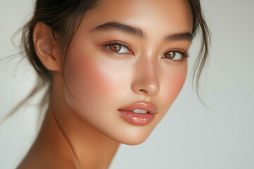 Naklejka premium Young Asian woman face. Beautiful korean japanese chinese girl model with clean skin and natural makeup, happy young woman portrait