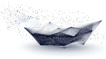Abstract polygonal paper boat with particles.